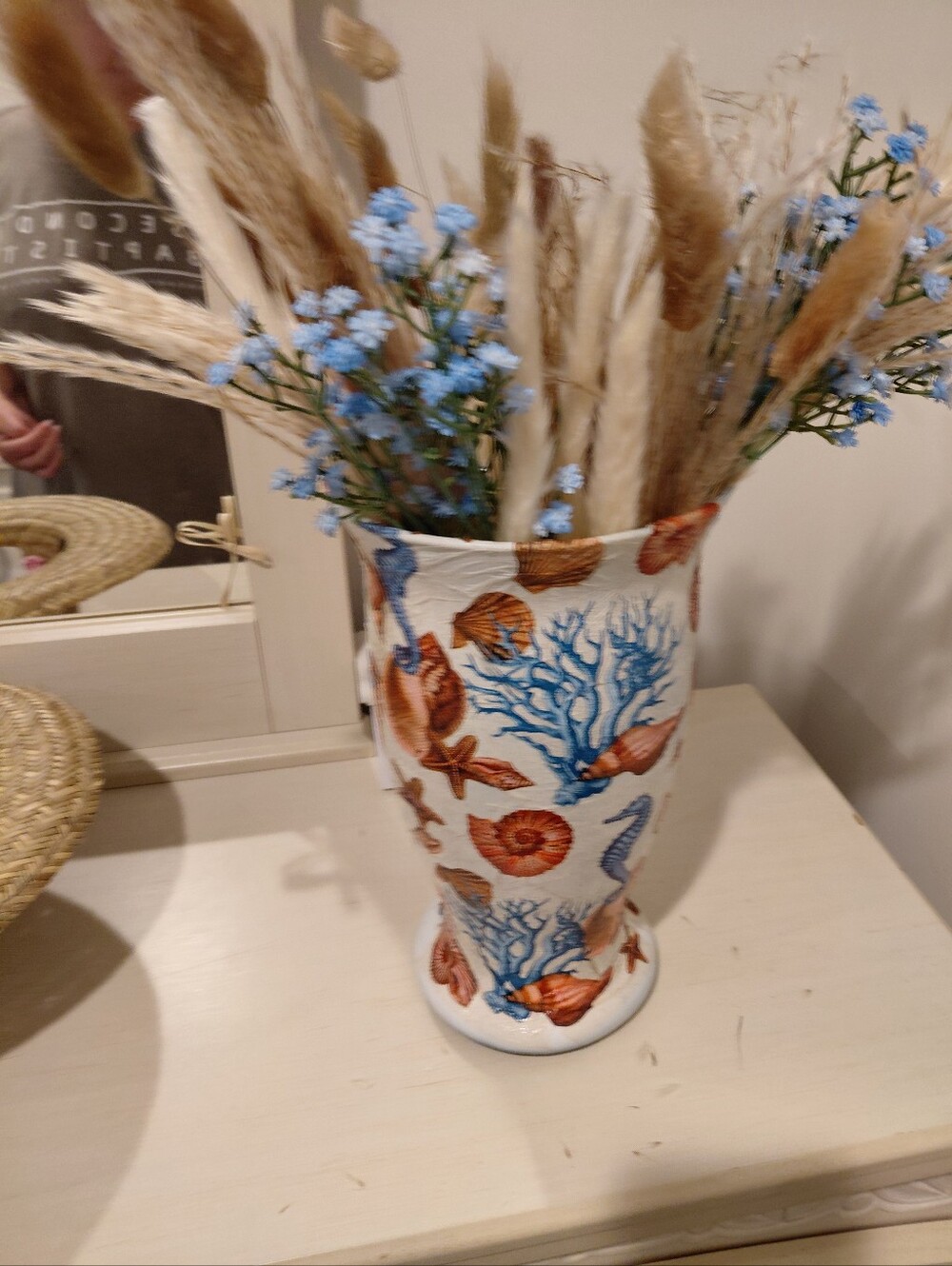 Decorative Coastal Glass Vase with Blue and Brown Shell Motif
